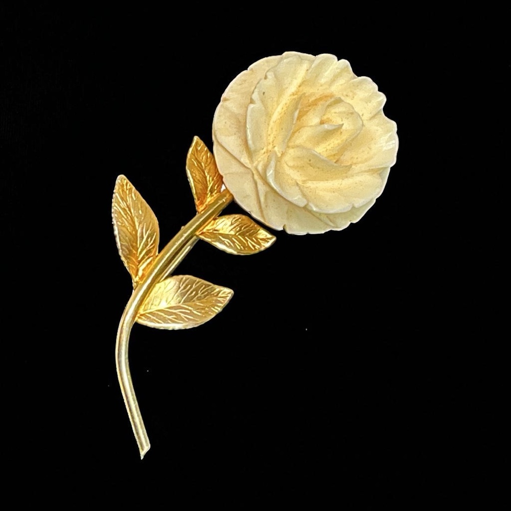 Vintage Carved Rose Brooch 12K Gold Filled Stem & Leaves Signed Floral Pin